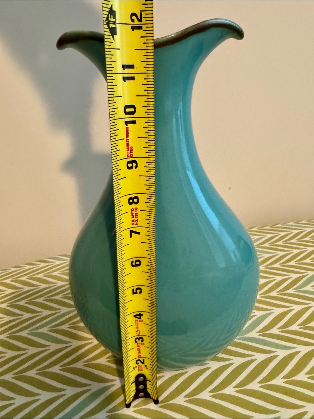 Southern Living At Home 12” Teal Gloss Ceramic Vase with Wavy Edge - Picture 4 of 5